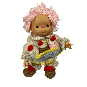 Vintage Hand Crochet Ice Cream Doll Plush Pink Yarn Hair With Stand 11 Inches